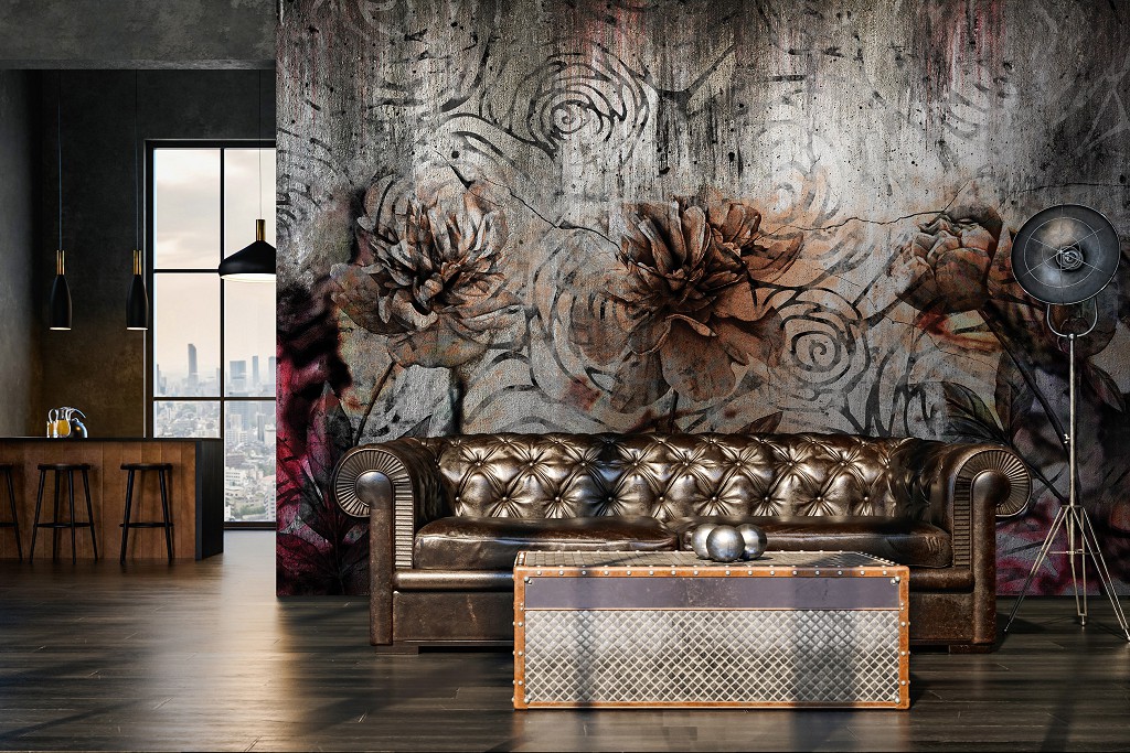 Флізелінові фотошпалери ретро 312x219 см Великі квіти на бетонній стіні (14517VEXXL)+клей