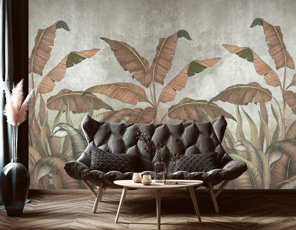 Флизелиновые фотообои для спальни 416x254 см Имитация коричневых листьев на бетоне (14530VEXXXL)+клей