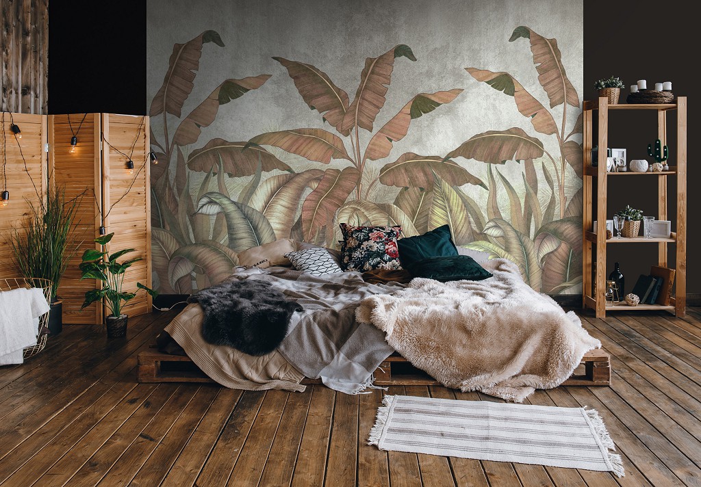 Банановые листья флизелиновые фотообои 416x290 см Имитация коричневых листьев на бетоне (14530VEXXXXL)+клей