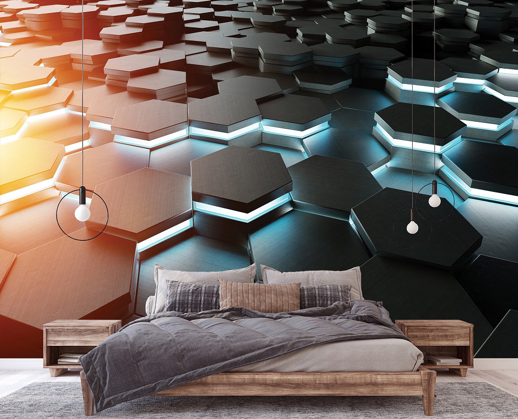 3 д флізелінові фотошпалери 368x280 см Соти Геометрія Чорнішестикутники (14534V10)+клей