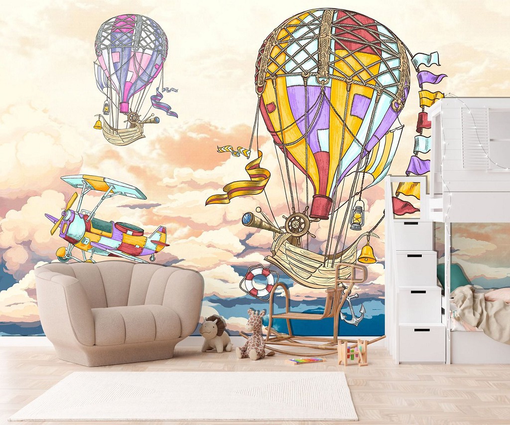 Флизелиновые фотообои детские для мальчиков 312x219 см Яркое путешествие на воздушном шаре (14538VEXXL) +клей