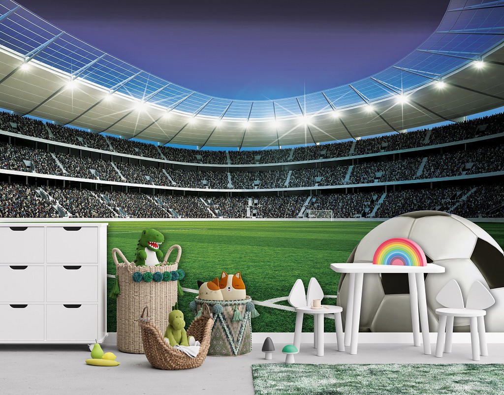 Флизелиновые фотообои мальчику 520x318 см 3D Спорт - футбольный стадион с мячом в углу (14550VEXXXXXL)+клей