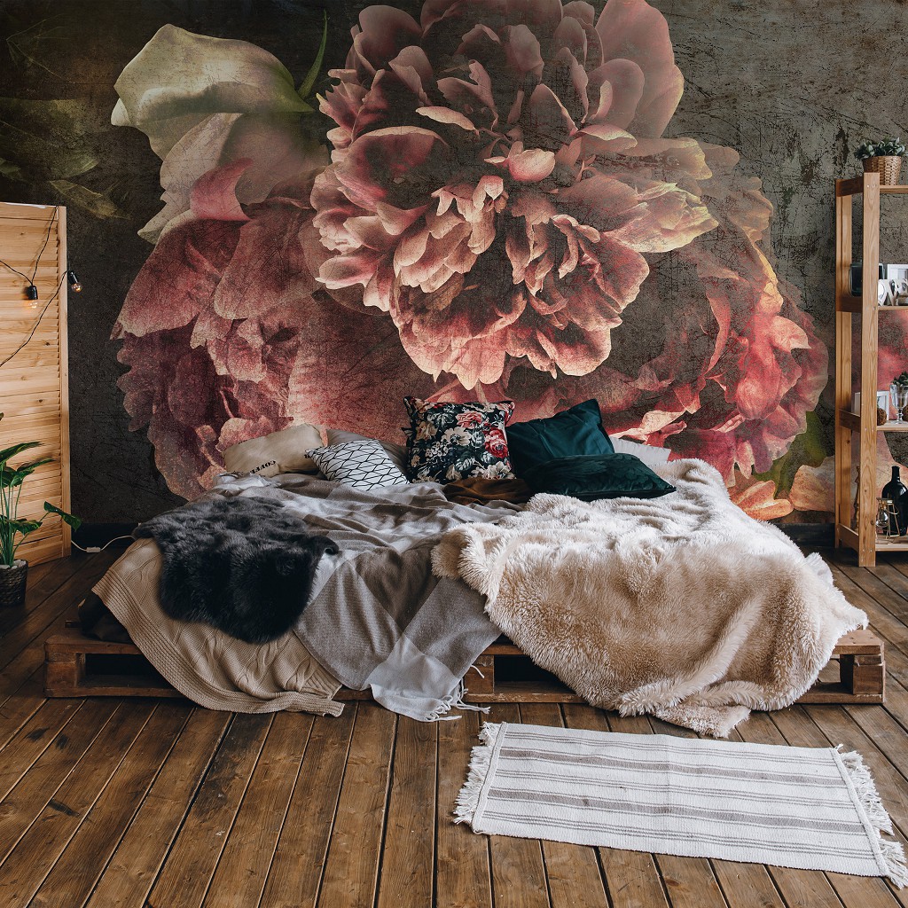 Флізелінові фотошпалери на стіну 312x219 см Великі квіти на старій стіні Імітація вінтажу (14568VEXXL)+клей