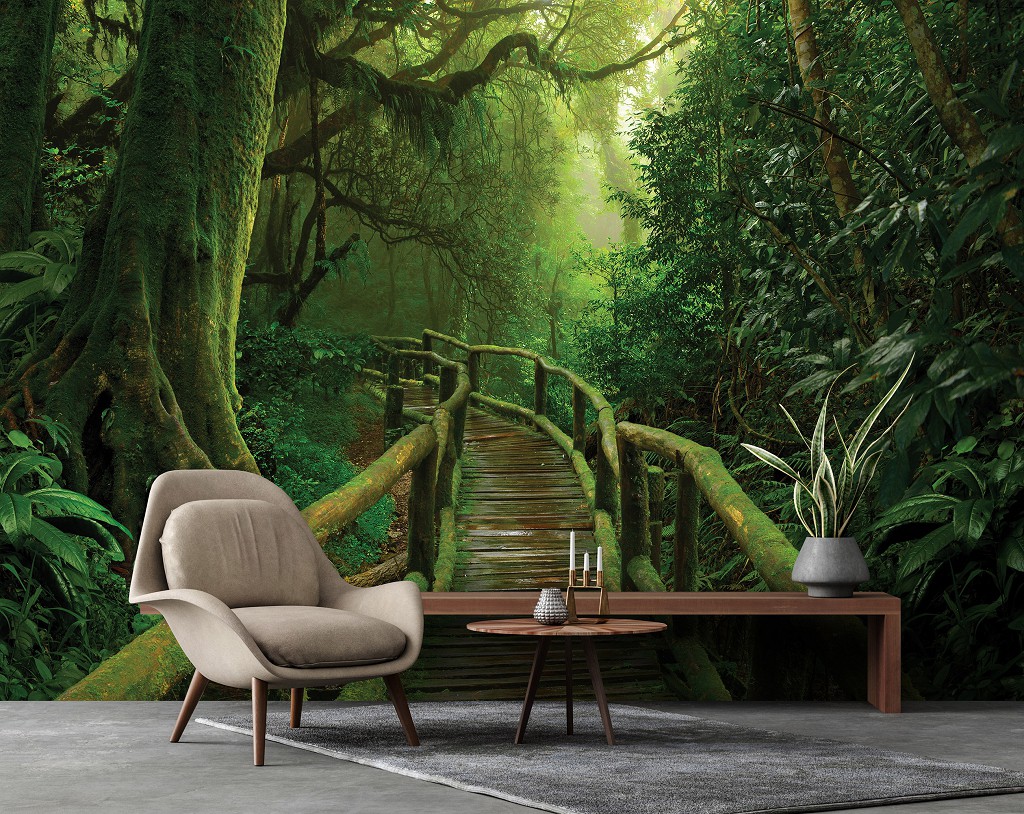 Флизелиновые фотообои для спальни 254x184 см 3D Природа Лес Деревянная дорожка в зеленых джунглях (14569V4) +клей