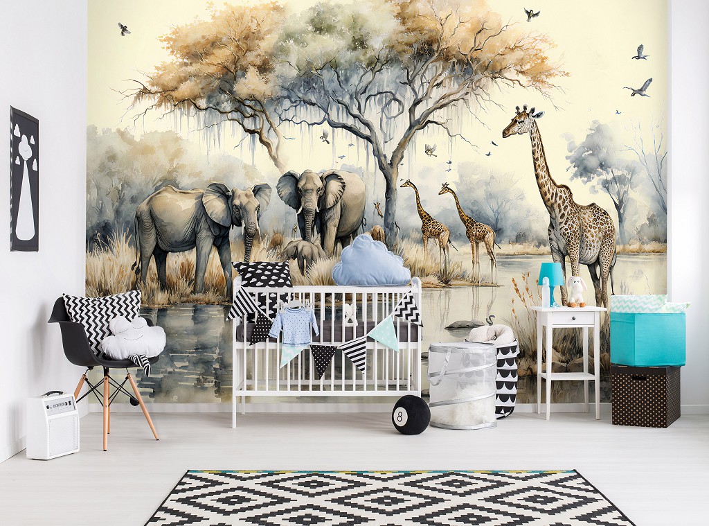 Флізелінові фотошпалери краєвид 254x184 см Акварель для дітей Африканські тварини на водопої (14571V4)+клей