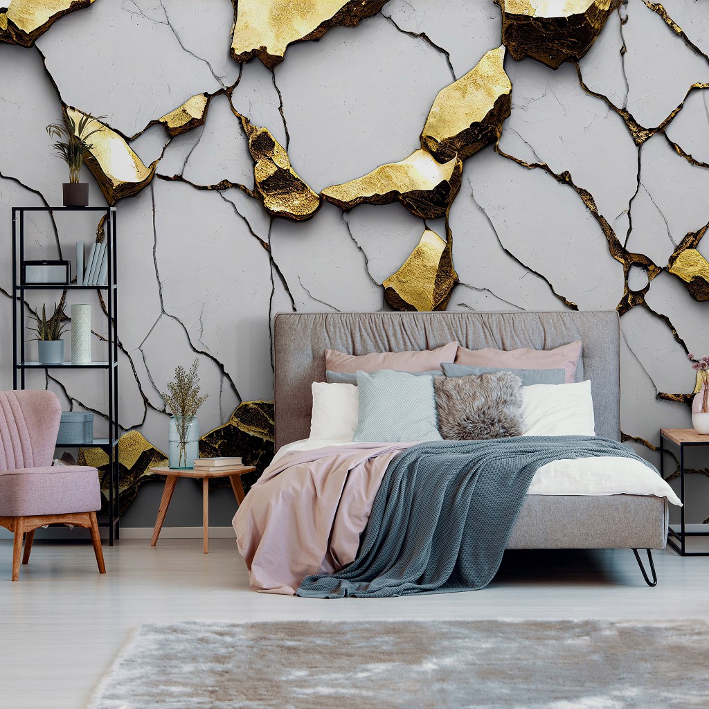 Флизелиновые фотообои под мрамор 254x184 см 3D-структура Белый и золотой каменный гламур (14575V4)+клей