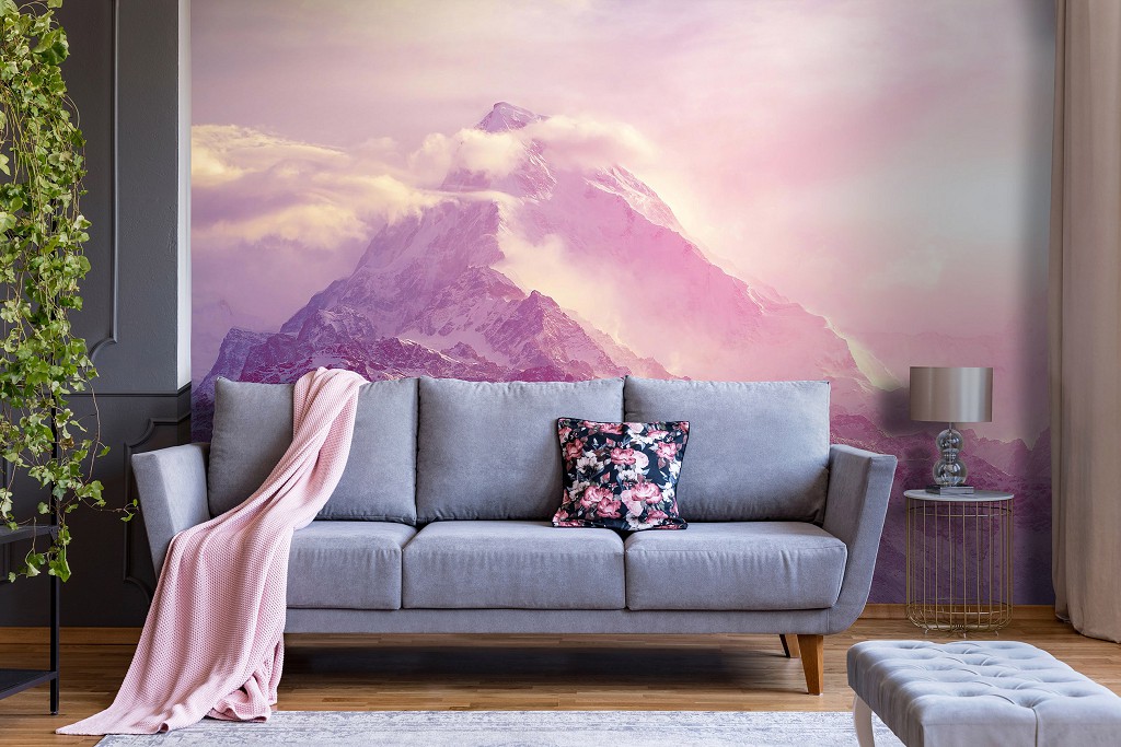 Флизелиновые фотообои на стену 312x219 см 3D Природа Розовый пейзаж Снег в горах (14579VEXXL)+клей