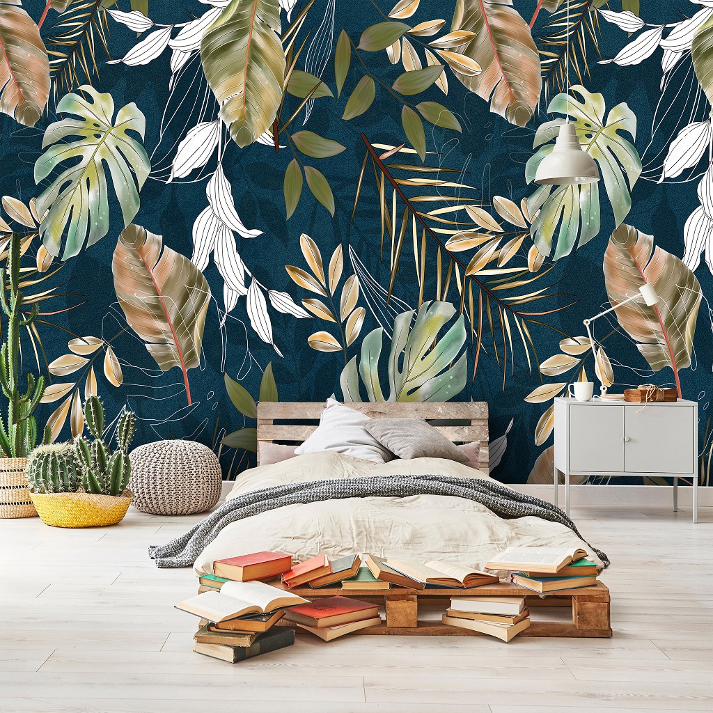 Флизелиновые фотообои 312x219 см Узор из листьев монстеры на синем фоне (14598VEXXL)+клей