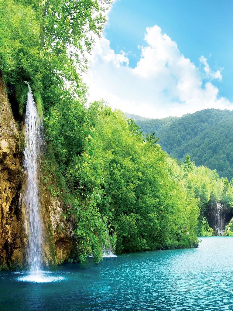 Зал с флизелиновыми 3д фотообоями 206х275 см Пейзаж Водопад Природа Небо Зелень и Озеро (145VEA)+клей