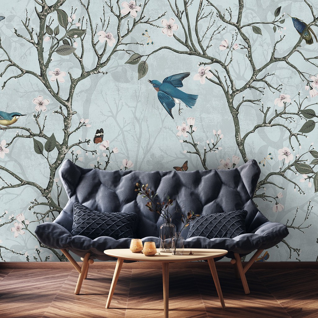 Флизелиновые фотообои 416x254 см Птички и бабочки среди деревьев на голубом фоне (14611VEXXXL)+клей