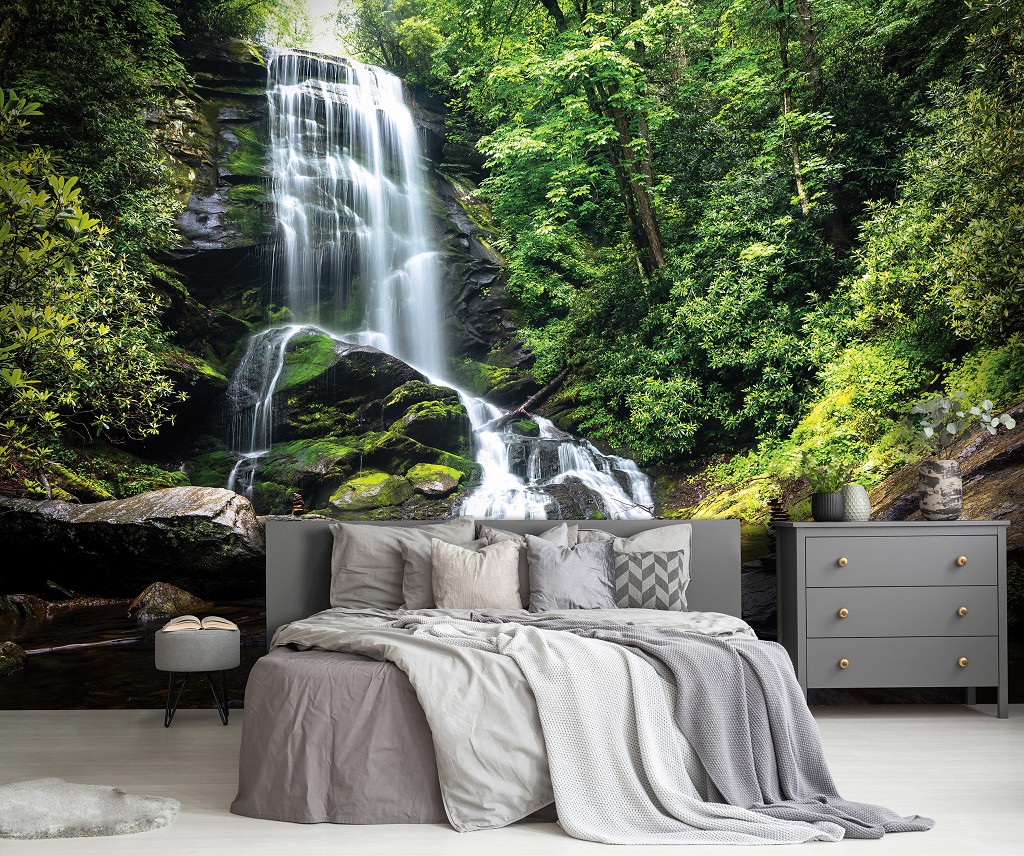 Флізелінові фотошпалери до спальні над ліжком 312x219 см 3D Природа краєвид Великий водоспад у зеленому лісі (14619VEXXL)+клей