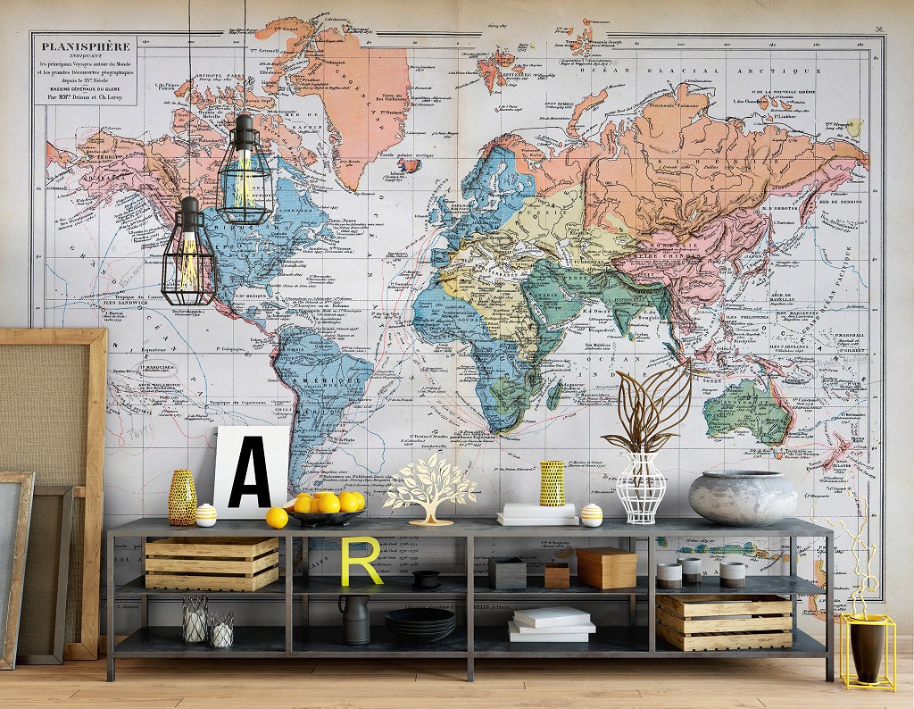 Флізелінові фотошпалери до зали 416x290 см Фізична карта світу зроблена у Франції (14622VEXXXXL)+клей