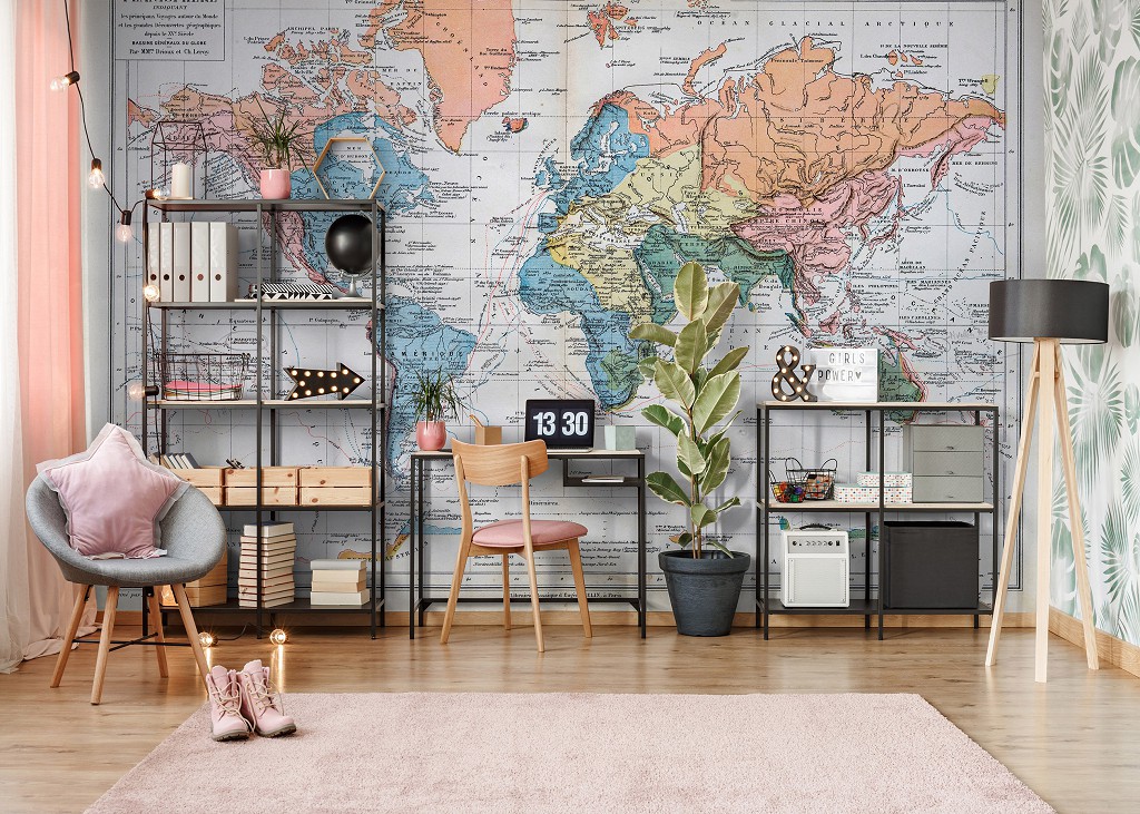 Флізелінові фотошпалери 254x184 см Фізична карта світу зроблена у Франції (14622V4)+клей