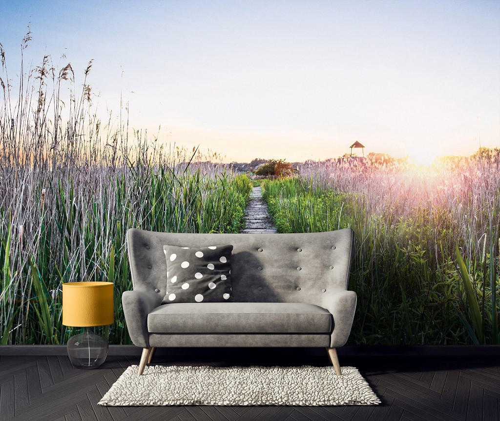 Флизелиновые 3д фотообои природа 312x219 см Пейзаж дорожка на рассвете в поле (14624VEXXL) +клей