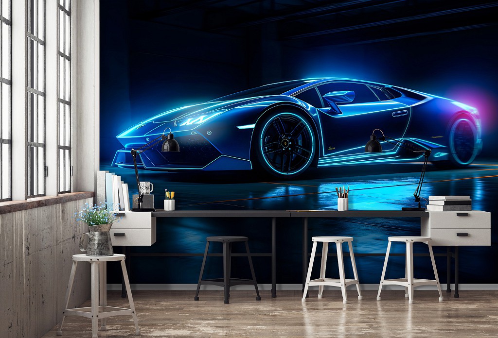 Флизелиновые фотообои 3Д про машины 368x254 см Роскошный неоновый автомобиль Ламборгини (14644V8)+клей