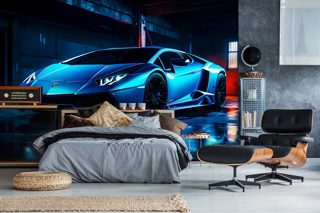 3d флізелінові фотошпалери машини 368x254 см Автомобіль Ламборгіні у розкішному неоні (14647V8)+клей