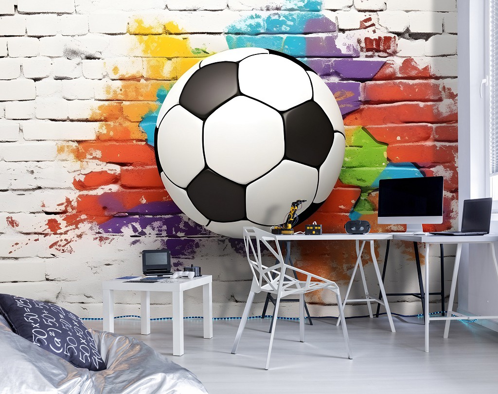 Готові флізелінові 3д фотошпалери дитячі для хлопчиків 416x254 см Імітація цегляної стіни з футбольним м'ячем (14651VEXXXL) +клей