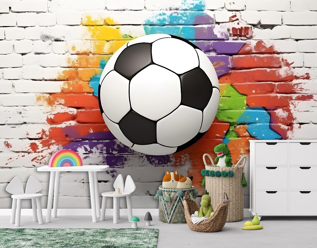 Флізелінові фотошпалери 3д дитячі для хлопчиків 416x290 см Імітація цегляної стіни з футбольним м'ячем (14651VEXXXXL) +клей