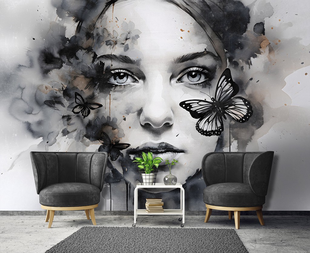 Флізелінові чорно-білі фотошпалери мистецтво 368x254 см Дівчина з метеликом малювання фарби (14655V8)+клей