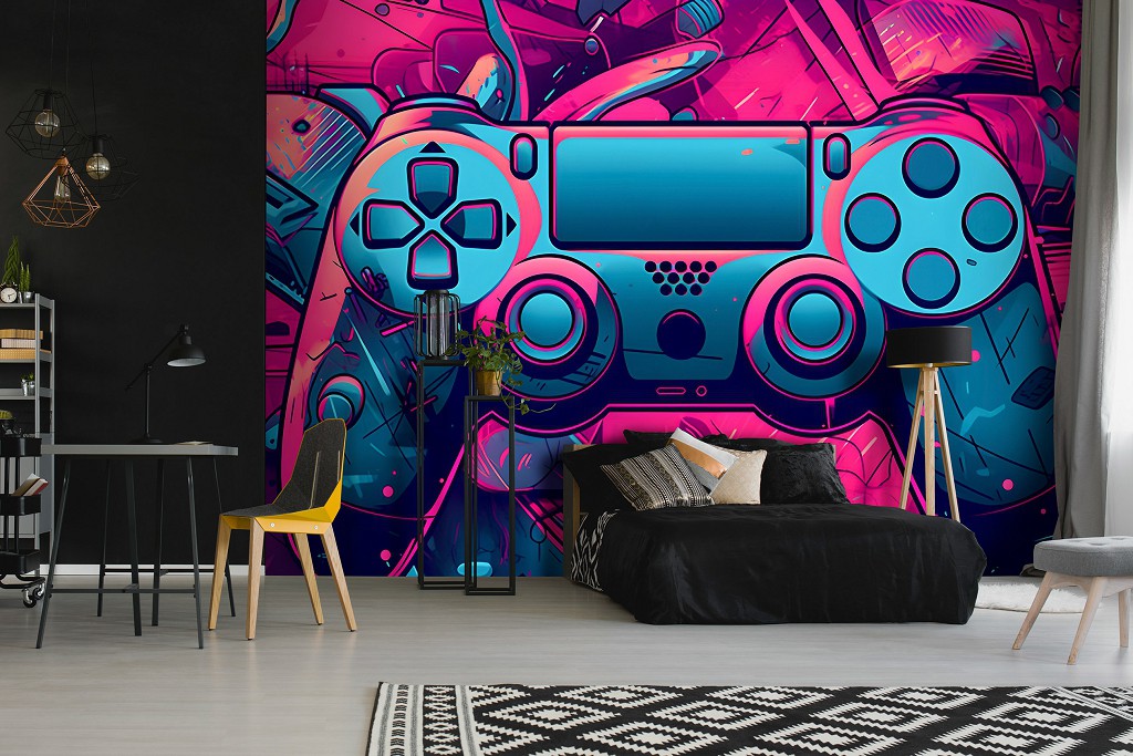 Флизелиновые детские фотообои красивые 254x184 см Геймпад плейстейшен PS4 в разноцветном цвете (14661V4)+клей