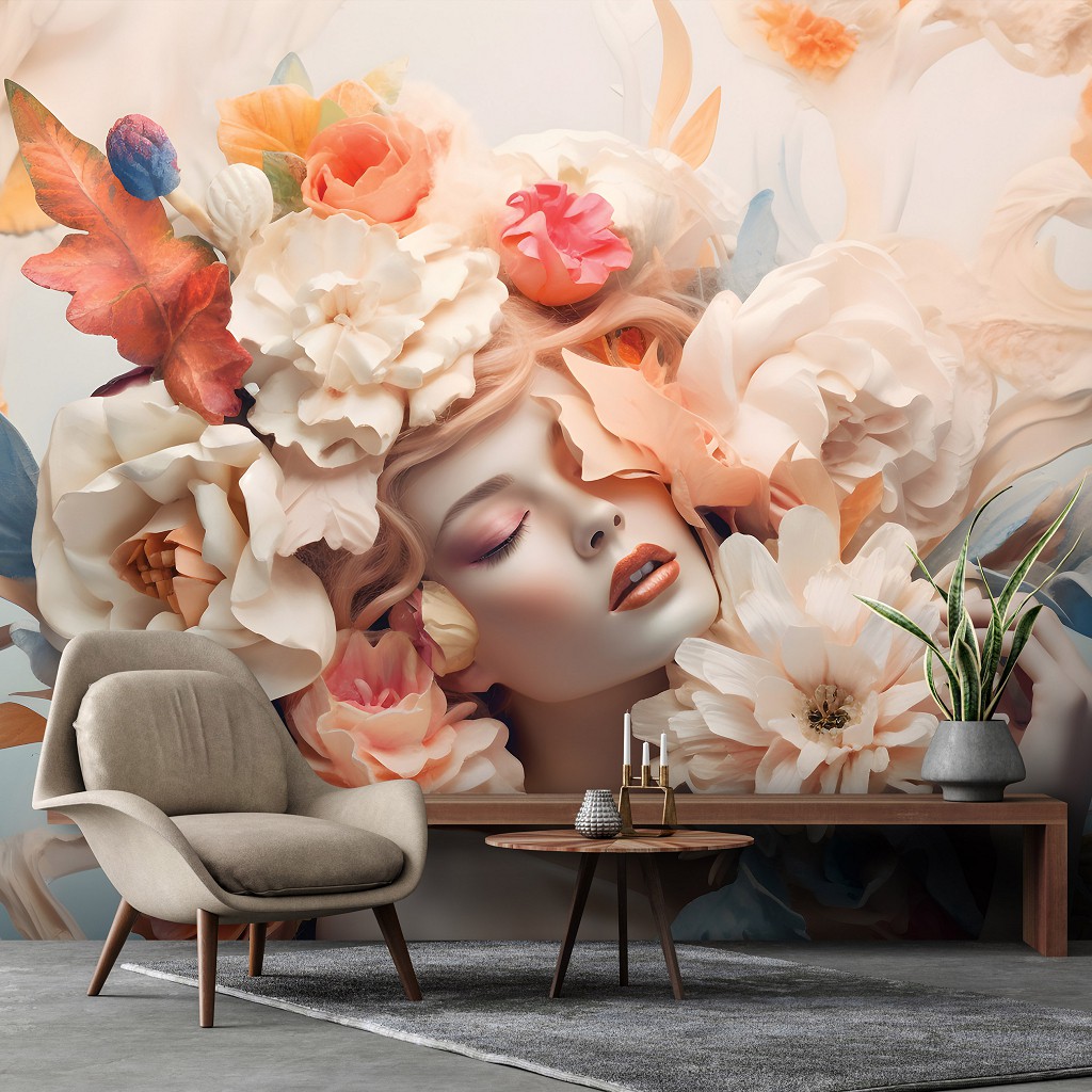 Флізелінові 3д фотошпалери квіти на стіні 416x290 см Дивовижна дівчина з порцеляновим ефектом (14663VEXXXXL)+клей