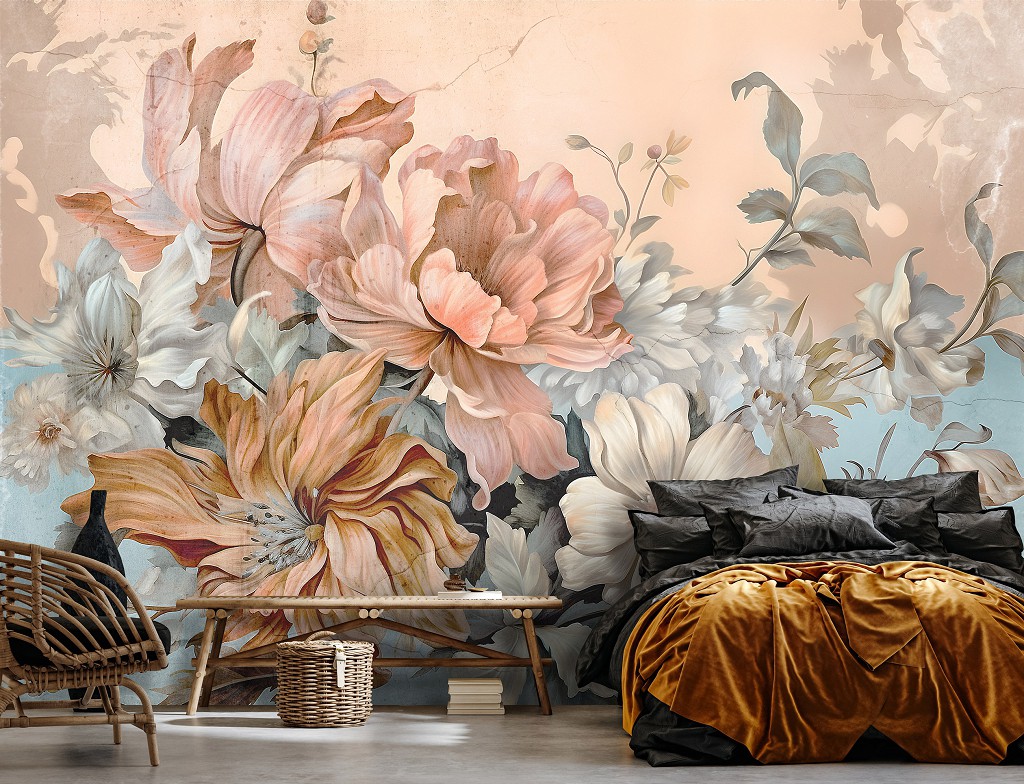 Зелень флизелиновые фотообои 312x219 см Цветы пастельно нежных оттенков на фоне бетонной стены (14667VEXXL) +клей