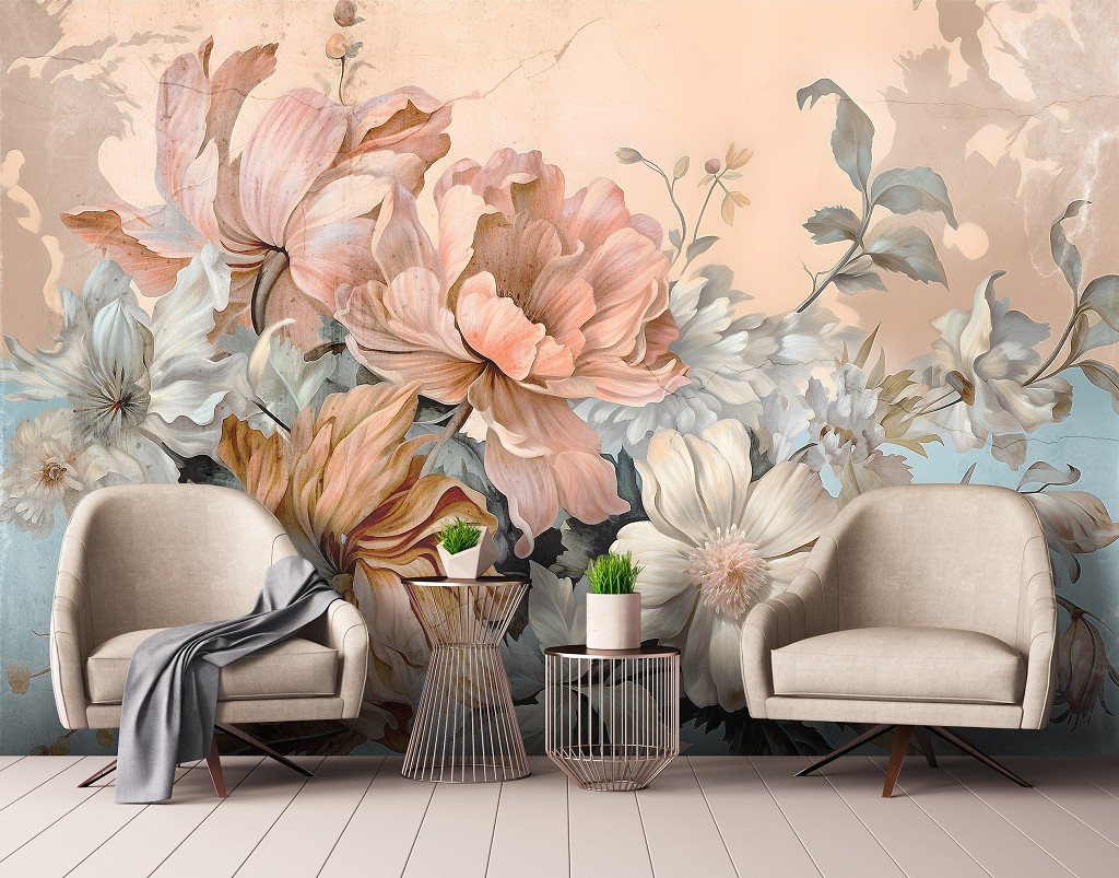 Флизелиновые фотообои листья 416x254 см Цветы нежных оттенков на фоне бетонной стены (14667VEXXXL)+клей