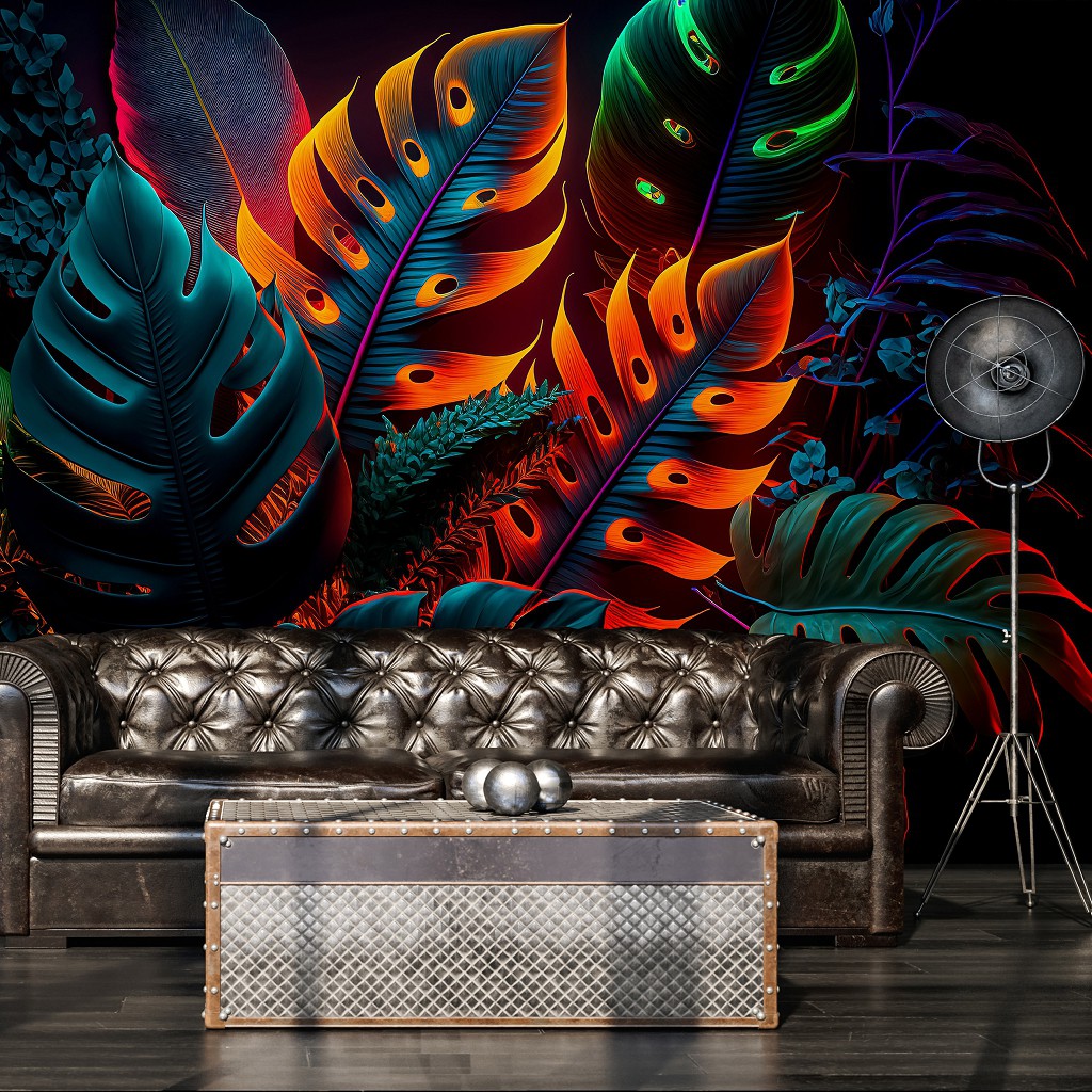 Зелень флізелінові фотошпалери 416x290 см Листя джунглів у темно-зеленому кольорі з неоновим ефектом (14669VEXXXXL)+клей