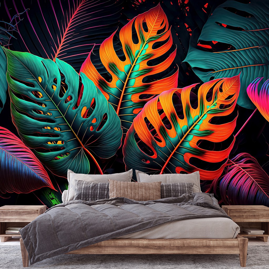 Зелень флізелінові фотошпалери 254x184 см Різнокольорові неонові джунглі з листових гігантів (14670V4)+клей