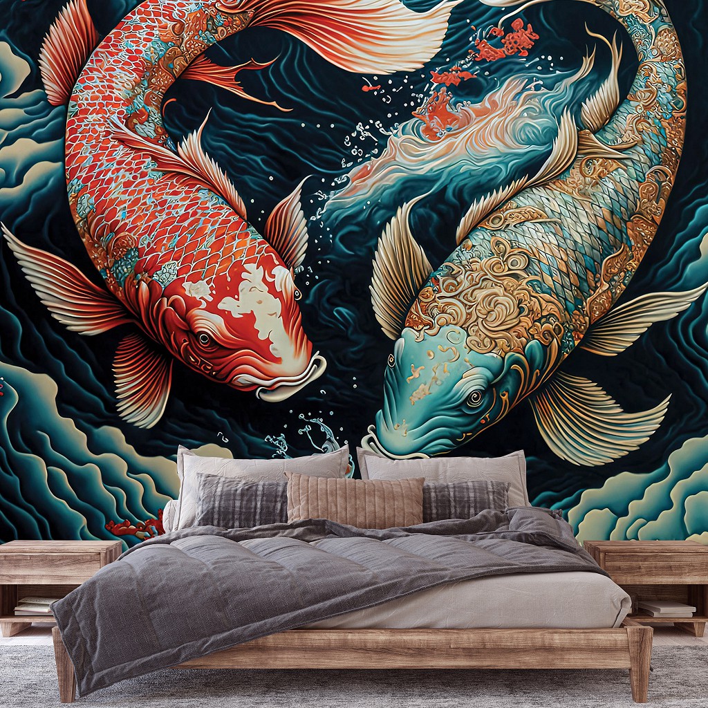 Риби флізелінові фотошпалери 254x184 см Пара казкових коропів у стилістиці японського минулого (14673V4)+клей