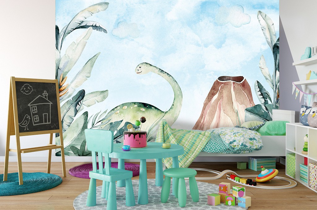 Флизелиновые детские фотообои 416x254 см Динозавр в джунглях на фоне вулкана (14677VEXXXL) +клей