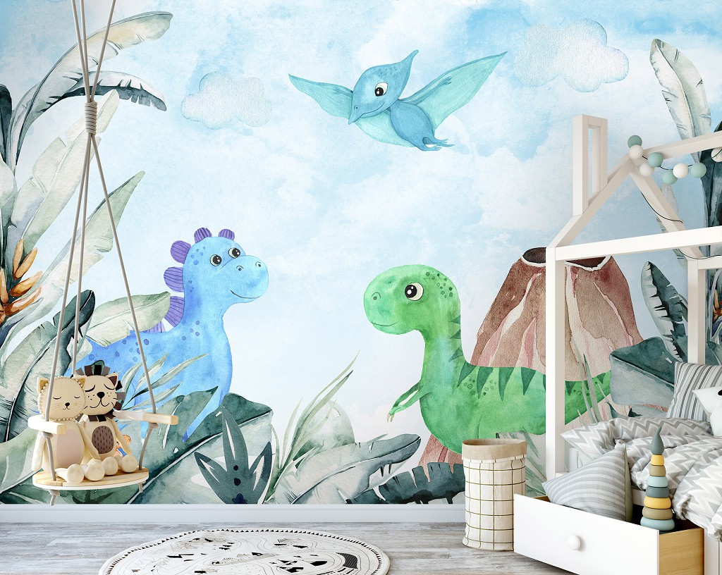 Флізелінові дитячі фотошпалери для дівчинки 520x318 см Милі динозаврики в джунглях на фоні вулкана (14678VEXXXXXL) +клей