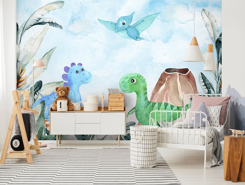 Флизелиновые фотообои для детской комнаты мальчика 368x280 см Милые динозаврики в джунглях на фоне вулкана (14678V10) +клей