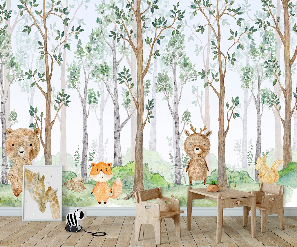 Флизелиновые фотообои в детскую мальчика и девочки 312x219 см Улыбающиеся животные в весеннем лесу (14681VEXXL) +клей
