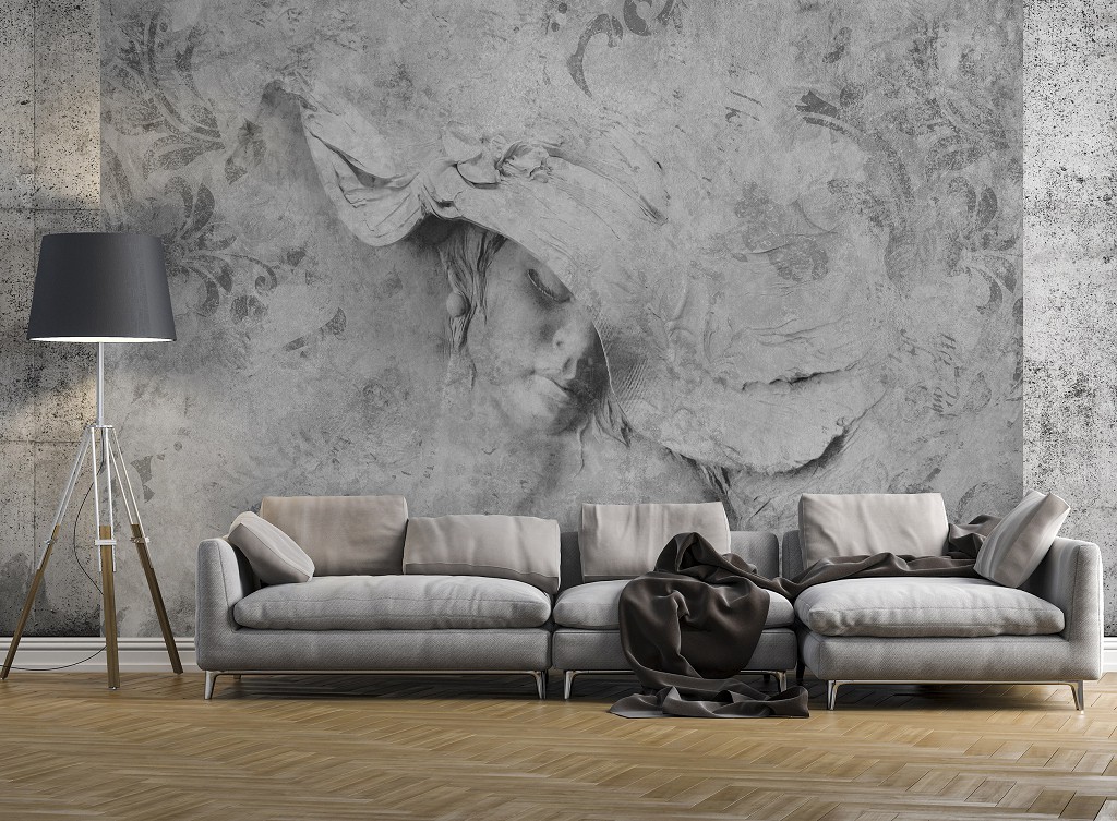 Флізелінові фотошпалери до спальні над ліжком 460x300 см Елегантна дівчина в сірих тонах під барельєф (14685V12) +клей