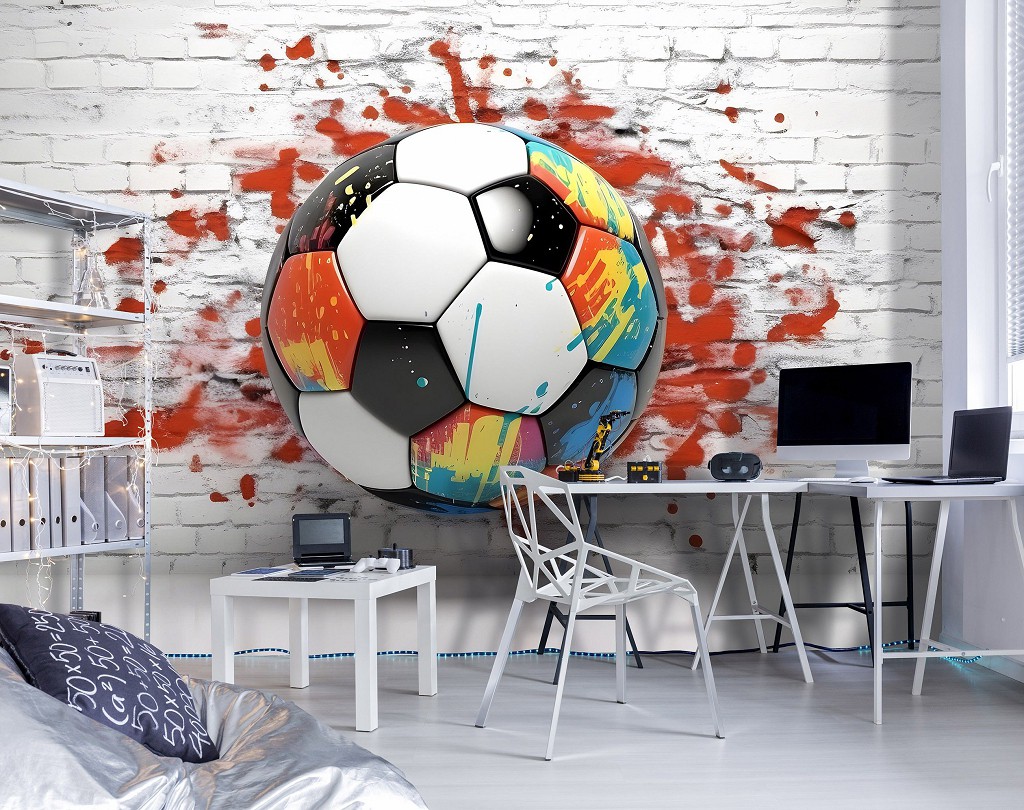 Флізелінові дитячі 3д фотошпалери хлопчику 416x254 см Футбольний м'яч у яскравих кольорах на цегли (14688VEXXXL) +клей