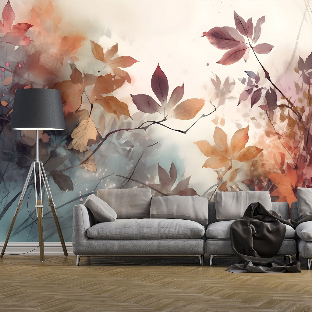 Флізелінові фотошпалери квіти 416x254 см Осіннє листя на світлому фоні в мальованому стилі (14689VEXXXL) +клей