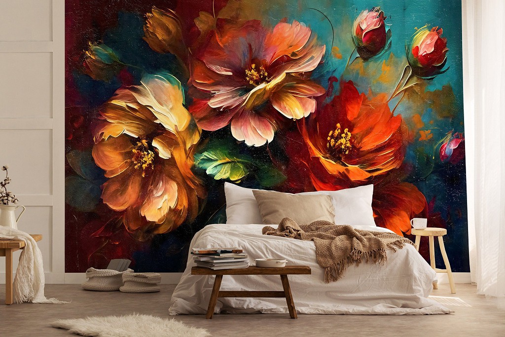 Флізелінові фотошпалери живопис мистецтво 520x318 см Яскравий букет квітів на блакитному тлі в мальованому стилі (14690VEXXXXXL) +клей