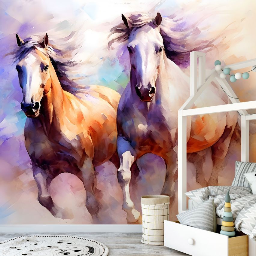 Флизелиновые фотообои животные кони 520x318 см Могучие мустанги в рисованном стиле на светлом фоне (14699VEXXXXXL) +клей