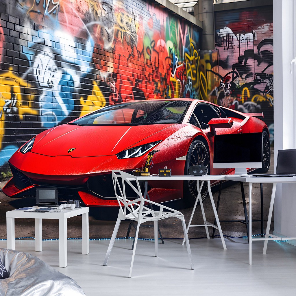 Флизелиновые 3д фотообои машинами 416x290 см Красная Ламборджини на фоне улицы с граффити (14701VEXXXXL) +клей