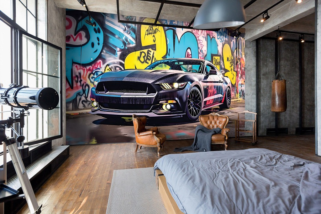 Арт флізелінові фотошпалери з машинами 3д 416x290 см Чорний Мустанг у фарбі на вулиці фону з графіті (14703VEXXXXL) +клей