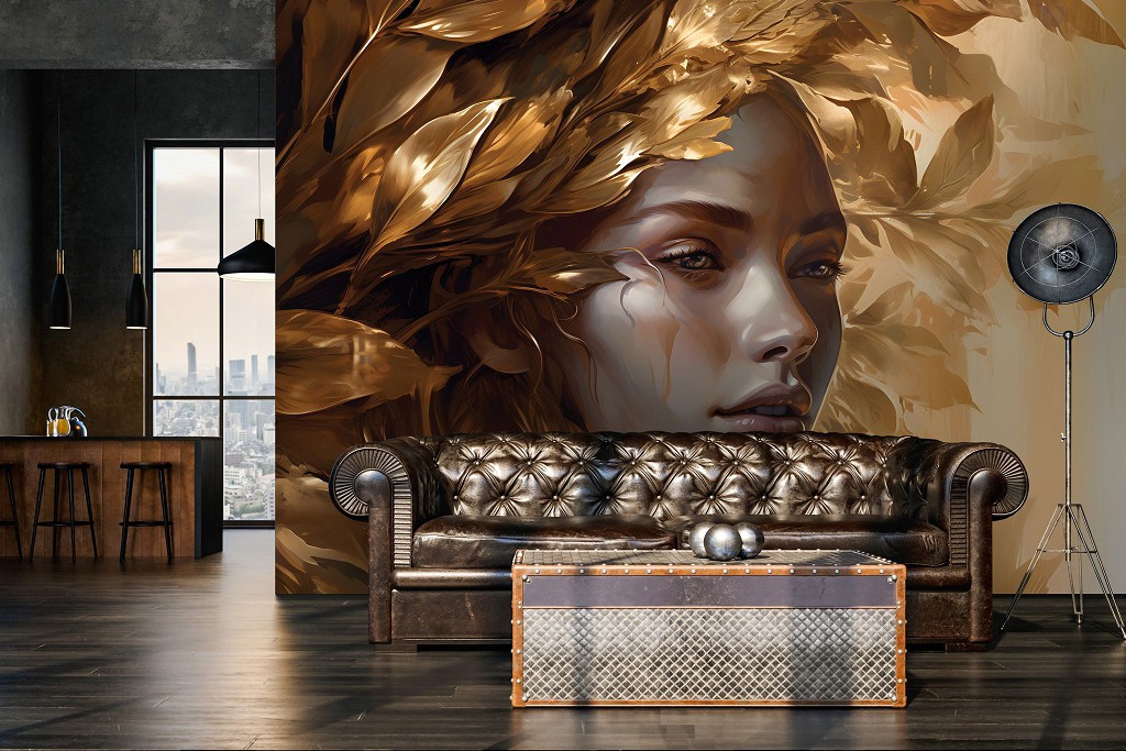 Флизелиновые 3д фотообои для спальни 416x254 см Девушка с венком из золотых листьев на светлом фоне (14704VEXXXL) +клей