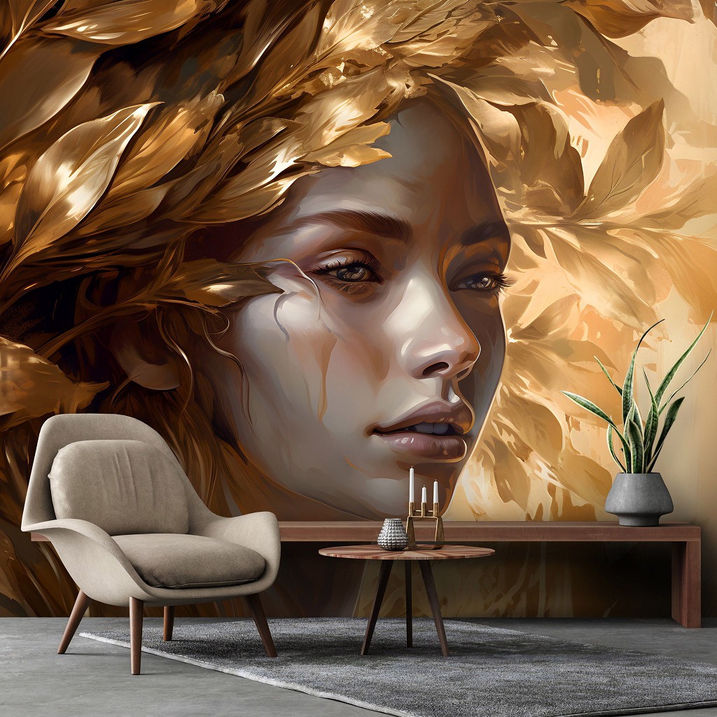 Флизелиновые 3д фотообои для зала 416x290 см Девушка с венком из золотых листьев на светлом фоне (14704VEXXXXL) +клей