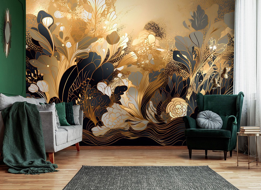 Флізелінові фотошпалери в кімнату 254x184 см Квіткова абстракція з чорними та золотими відтінками (14707V4) +клей
