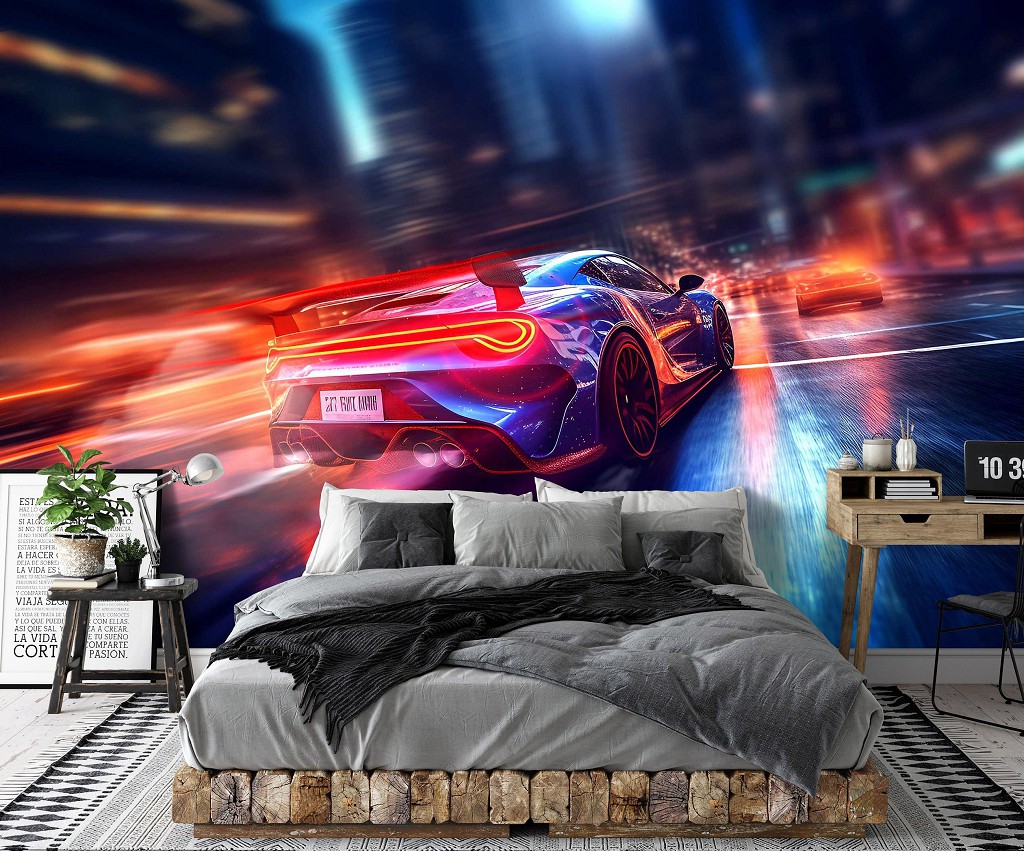 Флізелінові дитячі 3д фотошпалери для хлопчиків 520x318 см Спортивна машина в момент максимальної швидкості (14709VEXXXXXL) +клей