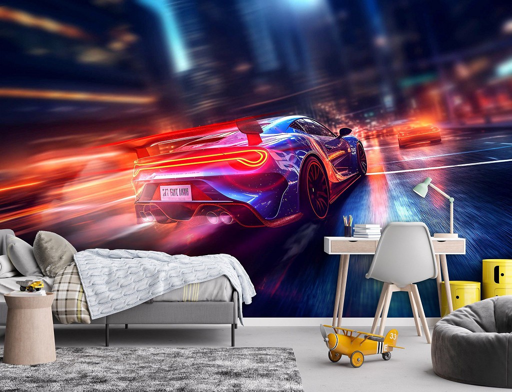 Флизелиновые детские 3д фотообои для мальчиков 416x254 см Спортивная машина в момент наибольшей скорости (14709VEXXXL) +клей