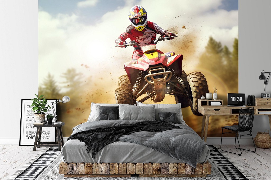 Флізелінові дитячі 3д фотошпалери для хлопчиків 368x254 см Гонщик у моменті у повітрі на квадроциклі (14711V8) +клей