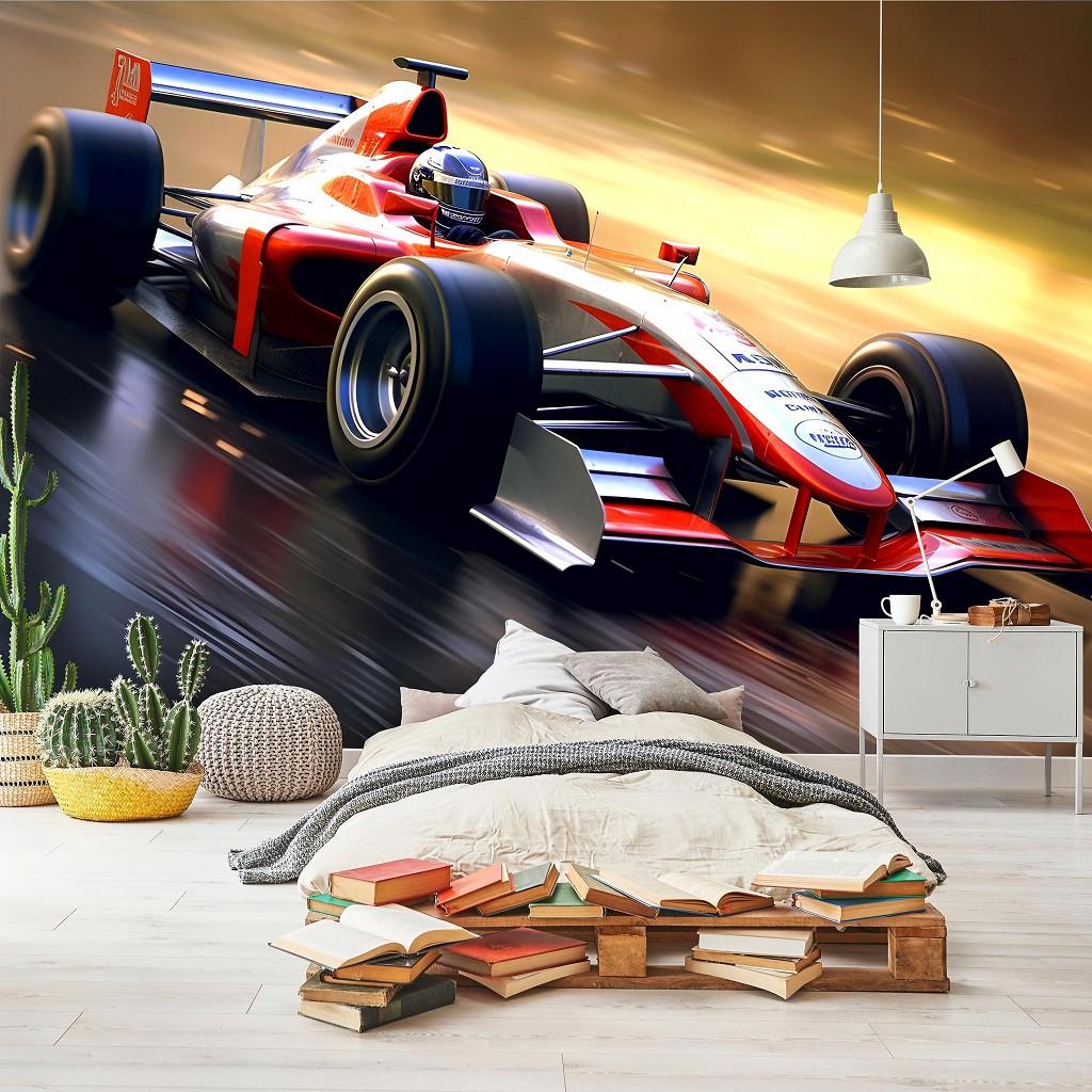 Флизелиновые детские 3д фотообои для мальчиков 416x254 см Машина Формула-1 в моменте наибольшей скорости (14712VEXXXL) +клей