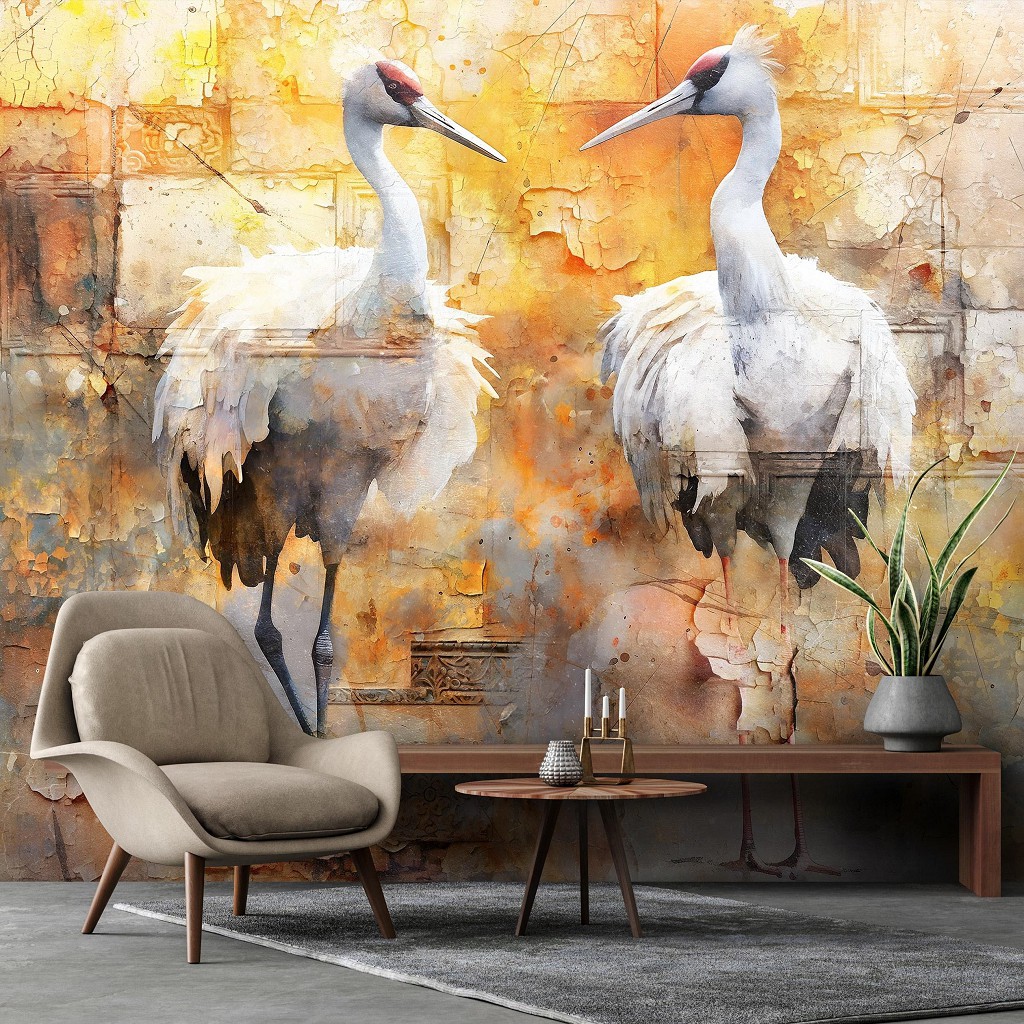 Флізелінові фотошпалери з птахами 416x290 см Білі чаплі на яскравому тлі під штукатуркою (14714VEXXXXL) +клей