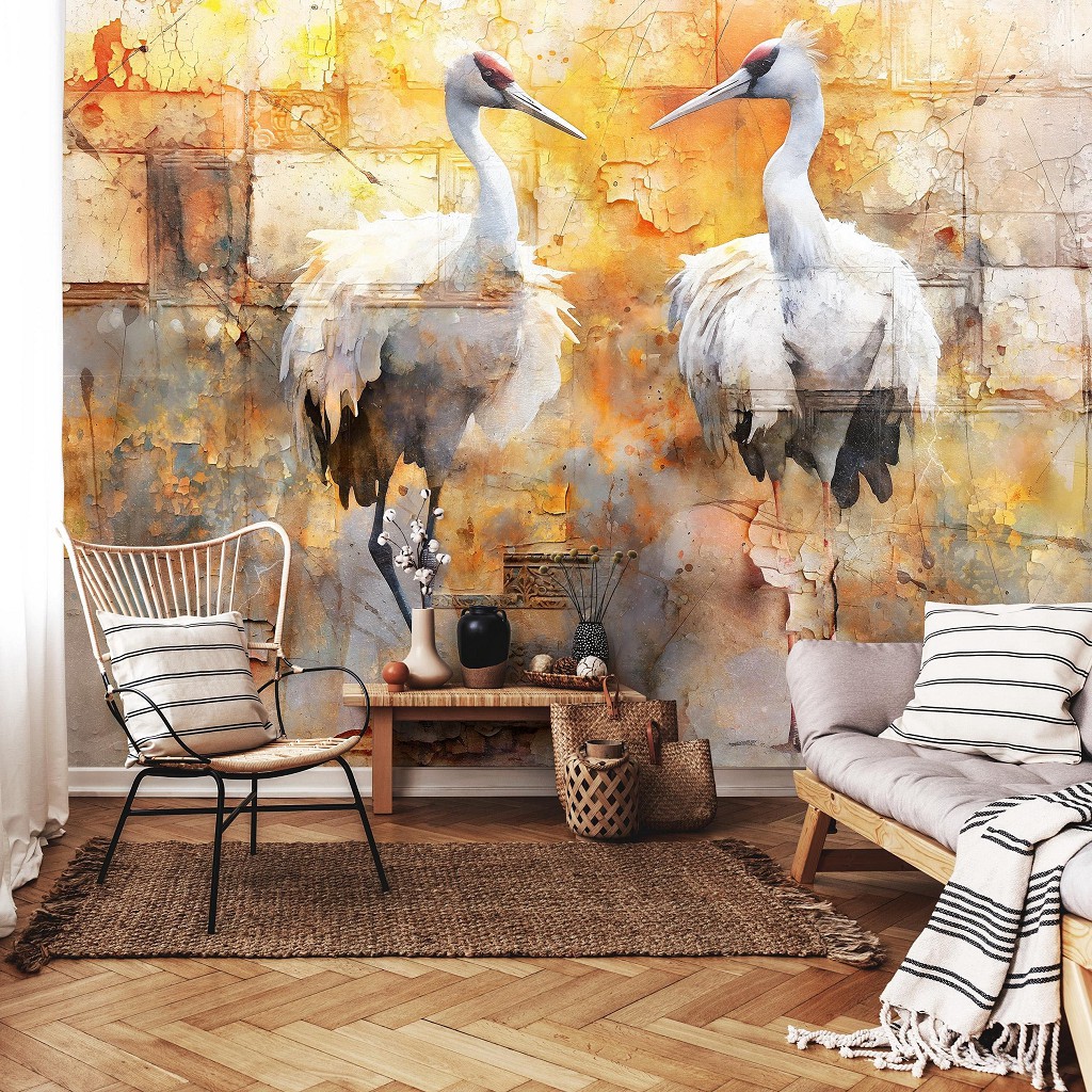 Флизелиновые фотообои с птицами 368x254 см Белые цапли на ярком фоне под штукатуркой (14714V8) +клей